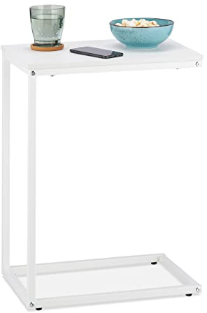 Relaxdays Beistelltisch C-Form, HBT: 60 x 30 x 45 cm, Sesseltisch zum Unterschieben, Metall & Holzoptik, Sofatisch, weiß