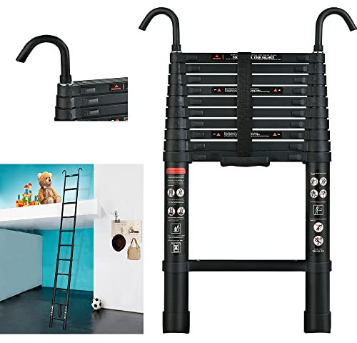 10,5FT Scala Telescopica in Alluminio con 2 Ganci Rimovibili, Scala con Interruttore di Sicurezza Multistadio, Allungabile, Antiscivolo, Portata 150 kg, Norme EN131