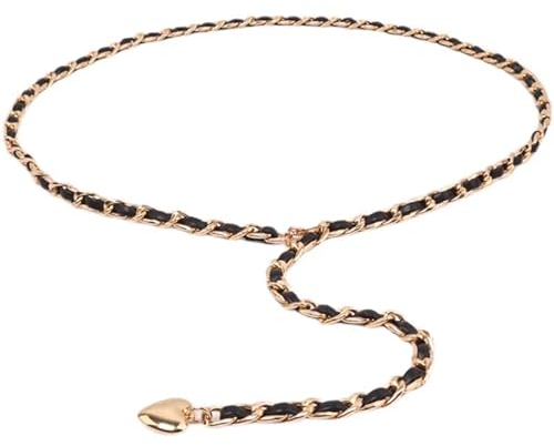 GIMIRO Cinturón de cadena de cintura para mujer, cintura de aleación [ 8 mm x 110 cm ] cinturón flexible multiuso correas de teléfono cordón tarjeta de visita, Negro/Corazón, 8mm x 110cm