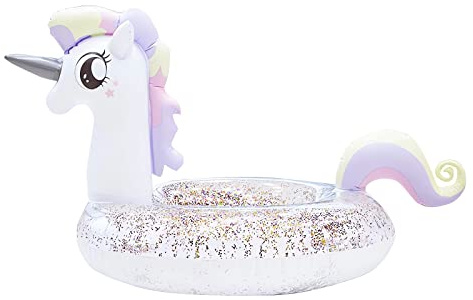 JUNBAOYYDS Uppblåsbar enhörning luftmadrass med glitter pool flytande simning flotte strand pool leksak simstol för barn och vuxna (120)