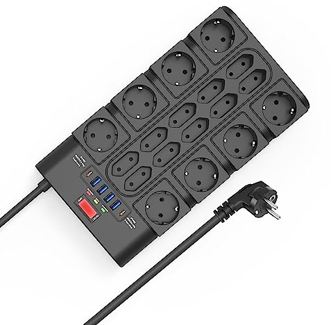BEVA Ciabatta Elettrica 3680W/16A, Multipresa con 18 Prese CA, 4 Porte di Ricarica USB-A e 2 USB-C, Ciabatta Elettrica con Indicatore di Stato e Protezione Dalle Sovratensioni 2M Cavo