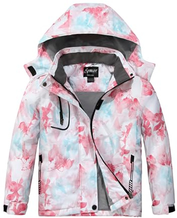 Spmor Girls' Waterproof Ski Jacket Warm Coat Windproof Winter Snowboarding Jacket Pink Flower 4-5