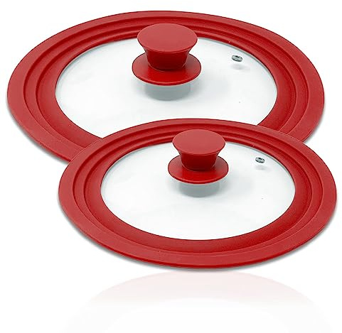 2er Set Silikon Pfannendeckel Topfdeckel 20/22/24cm und 26/28/30cm Rot Universalgröße Glasdeckel mit abgestuftem Silikonrand für Pfannen und Deckel mit Silikongriff