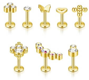 AllerPierce Tragus Piercing Gold 16ga 10mm chirurgenstahl Ohrpiercing Herz Kreuz Halbmond Schmetterling CZ Ohrstecker für Damen