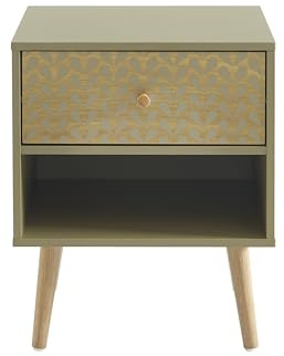 BAÏTA - Comodino nasturzio verde oliva e effetto rovere 40 cm