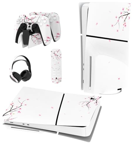 playvital Autocollant Protection pour ps5 Slim Standard Console | Sticker Skin pour ps5 Manette & Télécommande & Casque & Station de Charge，Disc Edition-Fleurs de Cerisier Tombe