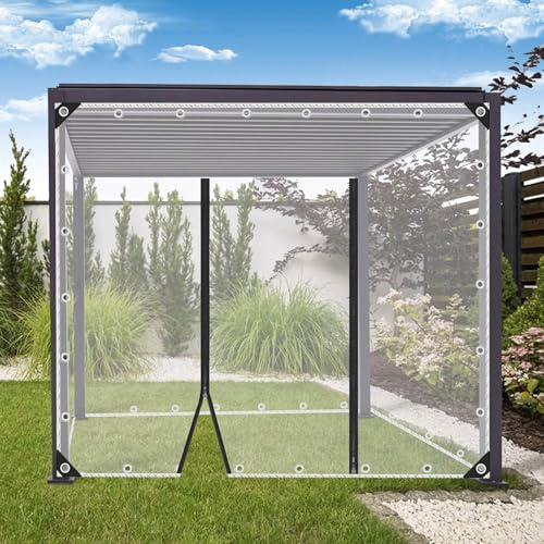 Clear Waterproof Tarp with Zip Door,0.35mm Pvc Plastic Tarpaulin,1m,1.2m,1.5m,1.6m,1.8m,2m,2.5m,3m Tarp to Cover Sun and Rain,Gazebo Porch Deck Waterproof Tarp Side Panels,WxH-2.5x2.2m/8.2x7.2ft