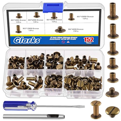 Glarks 150 Sets Bronze Chicago Screws Assorted Kit, M5 x 5mm, 6mm, 8mm, 10mm, 12mm Chicago Rivets and 4x4mm Flat Head Stud Screw, Nail Rivet Chicago Button Screw Posts Metal Accessories