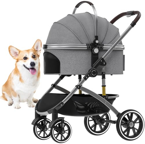 RUYICZB Hundewagen 2In1 Hundebuggy Hundebox Transporttasche Faltbar Klappbar Bis 20 Kg Haustiere Buggy Kinderwagen Mit Aufbewahrungskorb Jogger Katzenbuggy Für Kleine Hunde Katzen,Grau