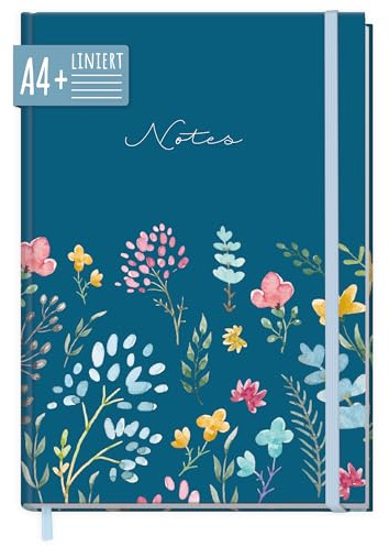 paper&you® Anteckningsbok linjerad A4+ med elastiskt band Happy Flower 156 sidor, 78 ark - skissbok, dagbok - hållbar & klimatvänlig