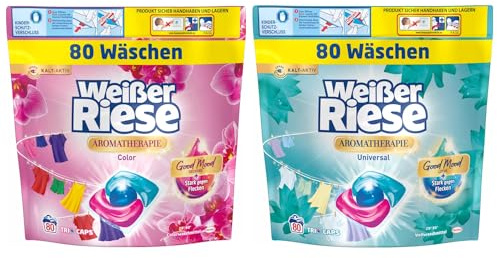 WEISSER RIESE Trio-Caps-Set 2x 80 Waschladungen (160WL) Aromatherapie 1x Color Orchidee & 1x Universal Lotus, mit Good Mood-Duft für unwiderstehlich duftende & strahlend saubere Wäsche