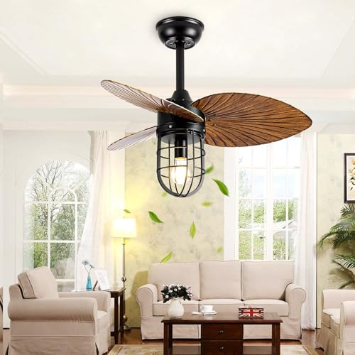 Lrenjon 32 Retro Ceiling Fans with Lights and Remote, 3 Blade Ceiling Fans with Lamps 6 Speed Timer Leaf Shape Home Decor, Vintage Black Ceiling Fan Light E27 for Bedroom Living Room Rustic, 2 Booms