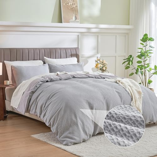 Simple&Opulence Copripiumino in cotone, set di biancheria da letto in cialda, copripiumino in seersucker con 2 federe, qualità alberghiera di lusso, chiusura a bottoni, 200 * 200cm, Grigio