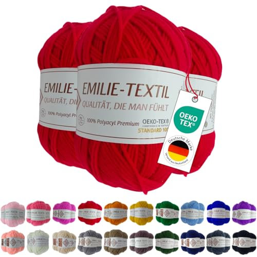 Emilie-Textil Premium Polyacryl-Garn 3X100g 20 Farben OEKO-TEX zertifiziert für Babys/Allergiker, Garn zum häckeln und stricken (3, Rot)