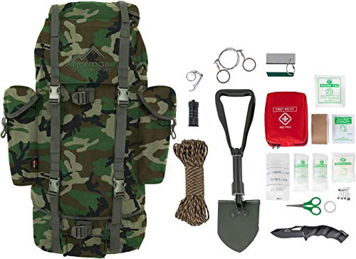 normani Survival Notfallset Überlebens Set BW Rucksack Kampfrucksack + BW Mini Spaten nach TL + Einhandmesser + Erste Hilfe Notfll Kit -19 Teilig Farbe Woodland