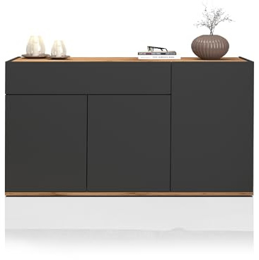 WHOUS Credenza e Buffet GARDA per Soggiorno con 1 Cassetti e 3 Ante, Madia per Salotto, Cucina e Sala da Pranzo in Legno, 120,1x35x70 cm, Antracite Opaco e Rovere