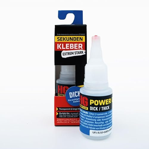 HG POWER GLUE Sekundenkleber dickflüssig – Extra starker Kleber für Plastik, Kunststoff, Glas, Porzellan, Holz, Metall - transparente Aushärtung, wasserfest, hitzebeständig, schnell trocknend - 20 g