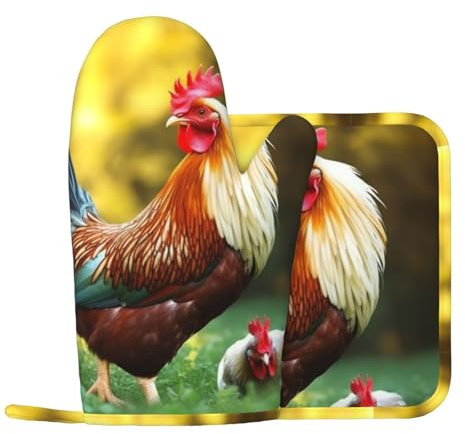 Lot de 2 maniques et maniques en silicone antidérapant et résistant à la chaleur pour cuisine Motif coq
