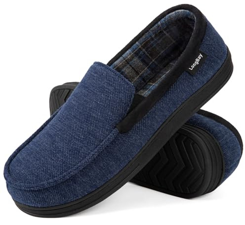 LongBay Men's Moccasin Slippers Memory Foam Plush Fleece House Shoes in Indoor Outdoor Fashion Navy, 8