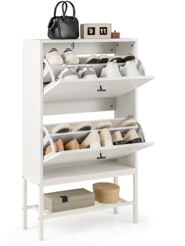 COSTWAY Schuhschrank mit 2 Klappen, Schuhkipper mit 4 verstellbaren Ablageflächen & offenem Regal, Schuhregal schmal für 15 Paar Schuhe, Schuhkommode für Eingang Flur, 60x24x106cm (Weiß)