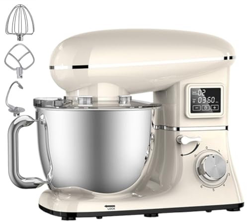 6.5Qt Stand Mixer, 6 Speed Electric Kitchen Food Mixer, 1600W Tilt-Head Kitchen Mixer, with 6.2L Stainless Steel Bowl,Beater, Dough Hook, Whiskand Digital LED Screen for Home Cooking white