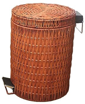 Rattan Pedal Bin with Lid and Removable Inner for Home Kitchen Bedroom Bathroom Double Layer Dustbin Touchless Trash Can with Foot Pedal Round Rattan Garbage Can (Brown)