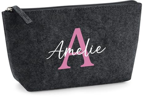 Schminktasche mit Namen und Initialen | Filztasche personalisiert für Kosmetik & Pflege | Schminktasche für Mädchen (Anthrazit, klein)
