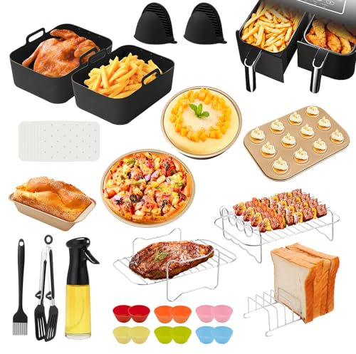 Ninja Heißluftfritteuse Zubehör für Ninja AF400EU AF400EUCP AF300EU AF451EU AF500EU AF500EUCP 7.6-10.4L, 27-teiliges Airfryer Zubehör inkl. Silikonform, Backform-Series für Den Ofen, Ölspray usw