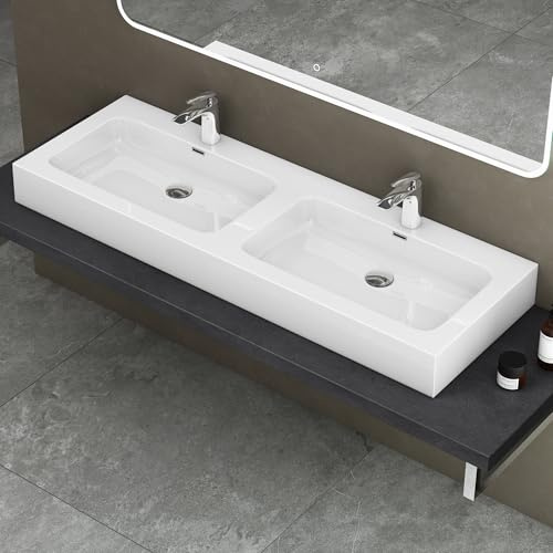 doporro Doppelwaschbecken Waschbecken 140x48x13cm Partner-Waschbecken aus Gussmarmor Weiß (Hochglanz) Colossum830