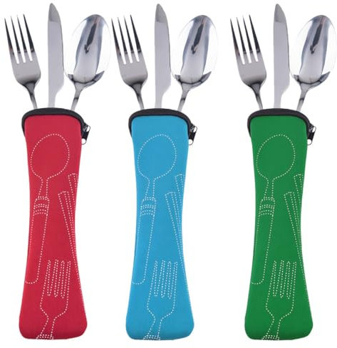 XENQITO 3 Estuche Portátil de Cubiertos, Portacubiertos, Bolsa Vacía con Cremallera para Trabajo, Escuela, Picnic, Viajes (20 x 6.5 cm/7,87 x 2,56 Pulgadas)