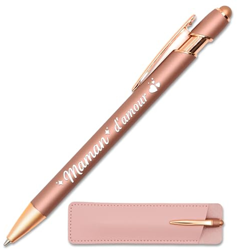 StarMaker Stylo gravé Maman d'amour Rose Doré Cuivré avec étui cuir - Idée cadeau fête des mères original - Stylo métal tactile 2 en 1