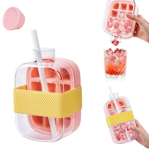 Ice Cube Bottle Tray with Lid, 2 in 1 Water Bottle Ice Cube with Straw, 2025 New One-Touch Ice Release & No Touching,Ice Cube Making Bottle for Freezer,Coffee, Juice,and Beverages (Pink 500ml)