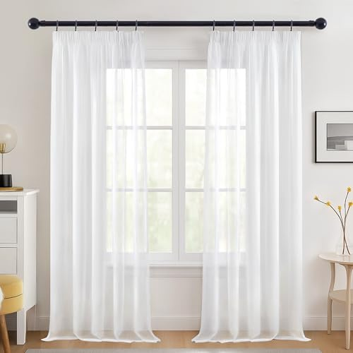 Deconovo Voile Vorhang mit Kräuselband Gardinenschals Übergardinen Weiß | 2er Set, H 145 x B 140 cm, Voile Vorhänge Durchsichtig, für Schienensystem, für Küche Badezimmer Wohnzimmer, Modern