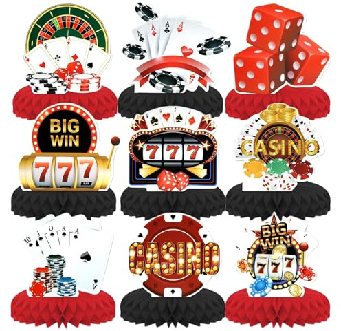 Kotkiddy 9 Stück Casino Motto Party Deko, Casino Tischdekoration Honigwaben Deko 3D Casino Motto Party Zubehör Jungen