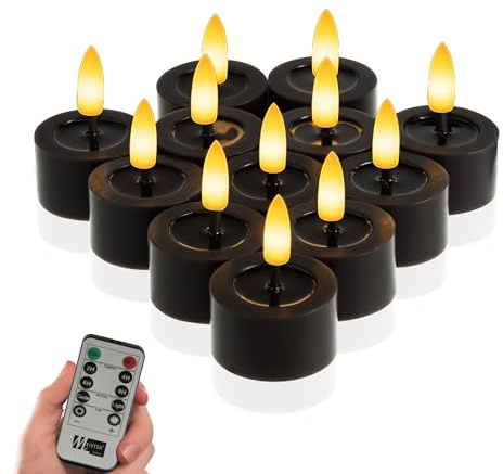 Meisterhome® LED-Teelichter 12er-Set Schwarz – flammenlose LED-Kerzen mit flackerndem Licht – Ø 4,5 cm, Höhe 2,5 cm – Echtwachs – mit Timer & Fernbedienung – batteriebetrieben – warmweißes Licht
