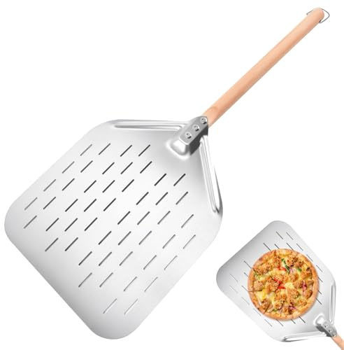 IPOW 12 Spatule à Pizza Professionnelle en Acier Inoxydable 39 x 30,5 cm - Pelle à Pizza avec Manche Long en Hêtre de 74 cm - Pour Four à Pizza, Pains, Tartes, Gaufres et Pâtisseries