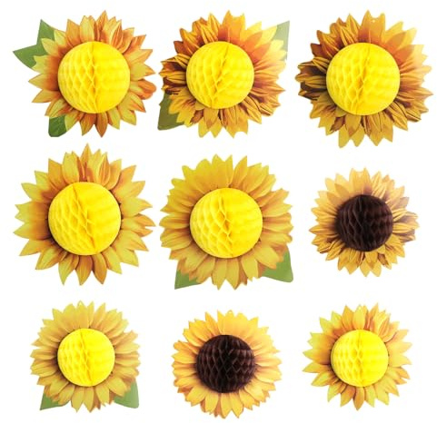 Décorations suspendues en papier tournesol (9 pièces) Boules alvéolées tournesol pour anniversaire mariage fête Fleurs en papier jaunes à suspendre