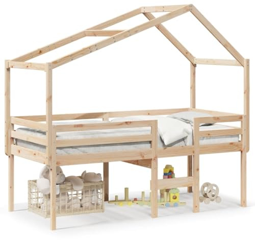 HFXHIJXQ Hochbett mit Dach 80x200 cm Kiefer Massivholz unbehandelt Spielbett Raumsparbett Leiter und Geländer Modernes Design für Kinderzimmer Jugendzimmer Schlafzimmer