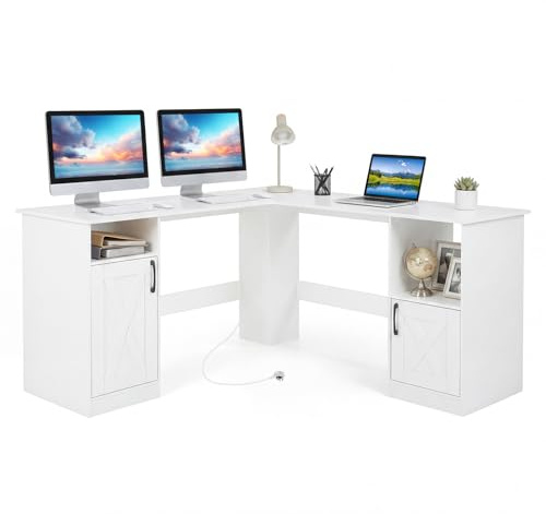 COSTWAY L-Shaped Computer Desk, 150cm Modern Large Corner Desk Writing Study Table with Open Compartment, Home Office PC Laptop Gaming Workstation (White, 150 x 150 x 76 cm, with Charging Station)