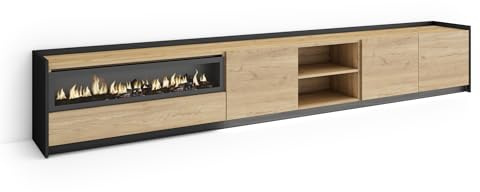 Skraut Home | Mueble TV | Muebles de salón, almacenaje | 310x50x37 cm | para televisión hasta 80 | Chimenea eléctrica | LED | Estilo Moderno | Roble y Negro