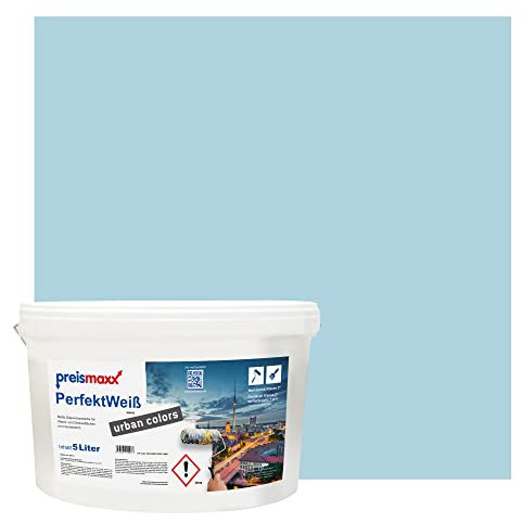 Preismaxx Perfektweiß urban colors, bunte Wandfarbe, blau, maledivenblau, maldives blue 5L, Innenfarbe, hohe Deckkraft Klasse 2, matt