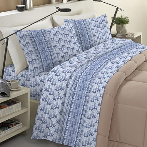 Banzaii Completo Lenzuola Invernale Felpate in Flanella Anti-Pilling 100% Cotone Singolo (per Materasso 80/90 cm, Altezza Fino a 35 cm) Diletta Blu