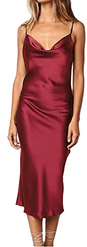 HAHAEMMA Robe de loisirs sans manches à bretelles spaghetti en satin pour femme - Cocktail - Plage - Soirée - Col bénitier - Motif : points - Léopard - Robe midi, M