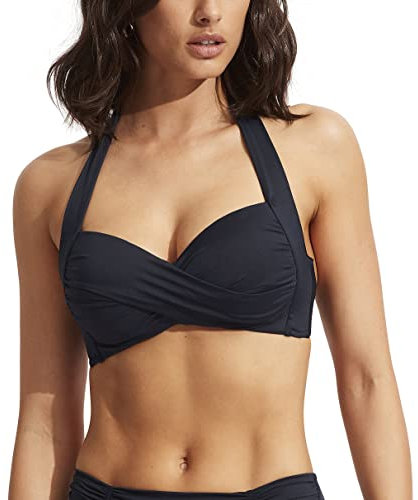 Seafolly Women's Standard Twist Front Soft Cup Halter Bikini Top Swimsuit, Eco Collective True Navy, 8