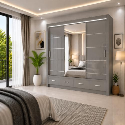 IE INTERIOR EMPORIUM Florence High Gloss 2 and 3 Sliding door wardrobe in 3 colors & 2 sizes 205cm/256cm (256cm, Grey)