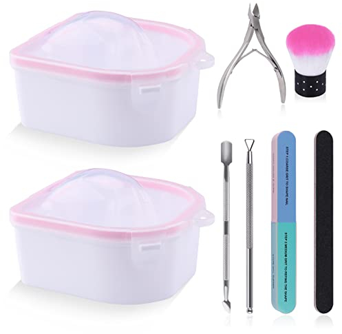 2 Piezas Cuenco de Manicura, Kalolary Tazón Remojar Bandeja Uñas Esmalte Herramienta Spa Remover Lavar Con Pelador Cutículas, Empujador Cutículas, Limas Uñas, Cepillo Uñas Pinza para Hogar Salón(Rosa)