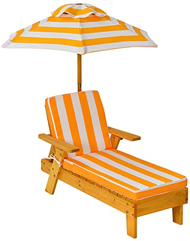 GOPLUS Silla Larga con sombrilla de Madera, Silla de jardín para baño de Sol, Mueble de jardín, Mueble de jardín, Mueble de Exterior para niños, Carga máxima de 50 kg, 92 x 49 x 106 cm, Amarillo