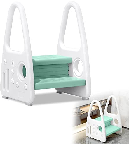 VA-Cerulean Taburete Infantil con 2 Niveles, Torre de Aprendizaje con Dos reposabrazos, Color Verde Claro y Blanco, Escalera de plástico,para Cocina, habitación de los niños, Cuarto de baño