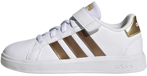 Adidas Mixte Enfant Grand Court Sustainable Lifestyle Court Elastic Lace and Top Strap Shoes, Cloud White/Cloud White/Matte Gold, 28 EU