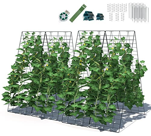 COSTWAY 2 Pack 4 x 3 Feet Cucumber Trellis, A-Frame Climbing Plant Support with 18 Clips, 16 Ground Stakes, 8 Spiral Connectors, 12 Cable Tie and 20m Twist Tie, Metal Garden Vegetable Grow Trellis